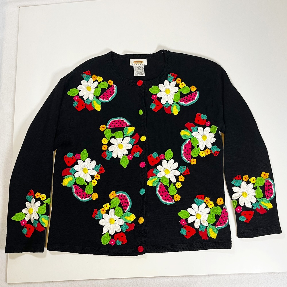 Talbots Fruit Watermelon Cardigan Sweater Womens Vintage 80s Black Crochet Daisy